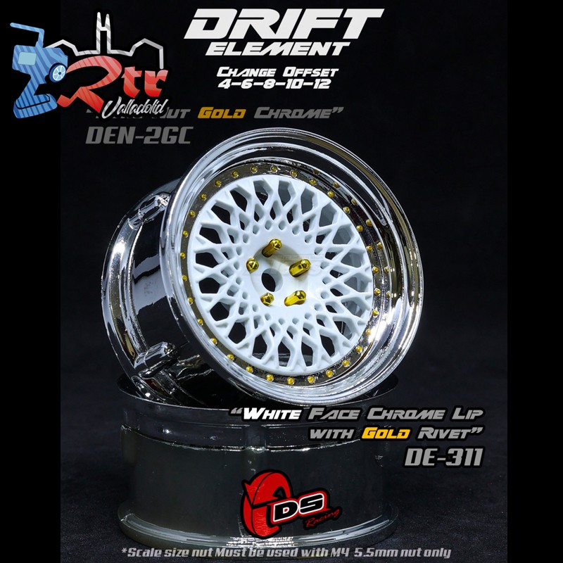 Llanta DS Racing Drift Labio cromado de cara blanca con remaches dorados Outset Ajustable 2 Unidades DS/DE-311