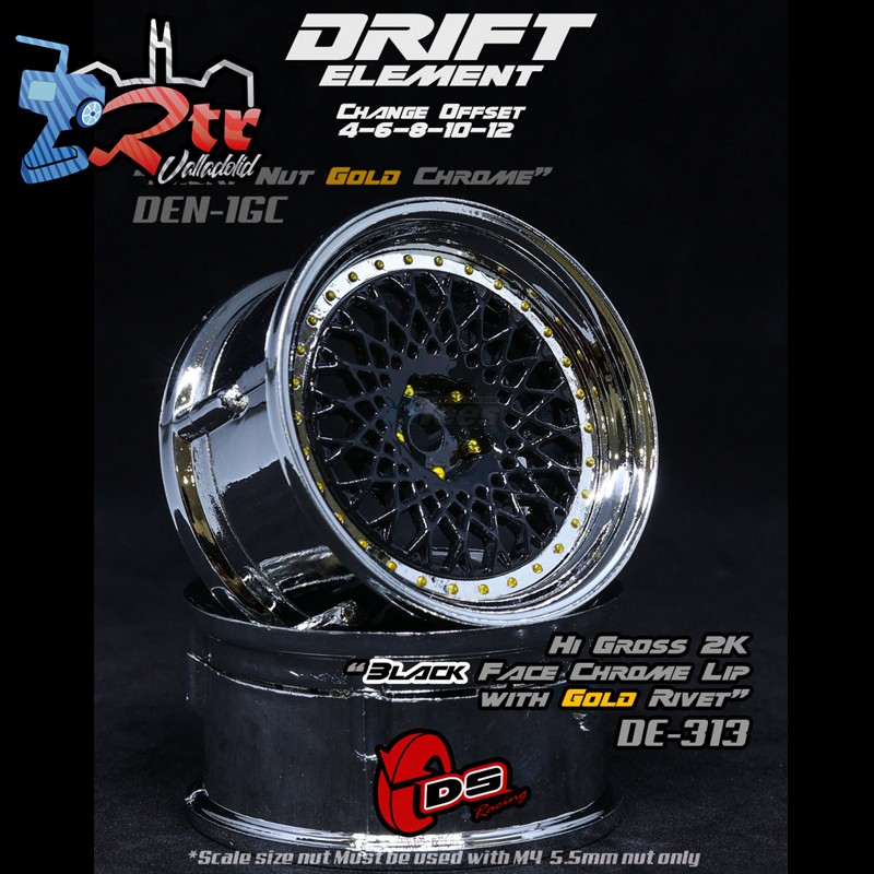 Llanta DS Racing Drift Labial cromado negro 2K de alto brillo con dorado Outset Ajustable 2 Unidades DS/DE-313