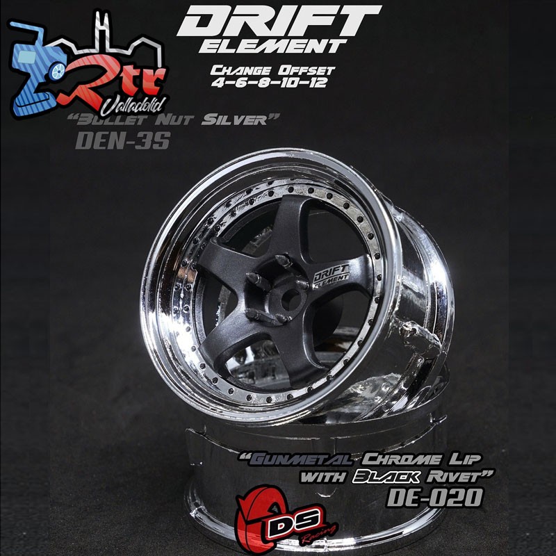 Llanta DS Racing Drift element Offset ajustable 2 unidades Borde cromado metalizado con remaches negros DS/DE-020