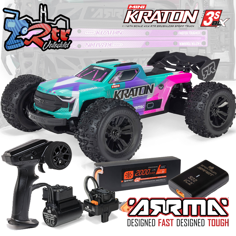 Arrma Mini Kraton 1/16 3S DSC 4X4 RTR Brushless Batería y cargador Rosa/Azul
