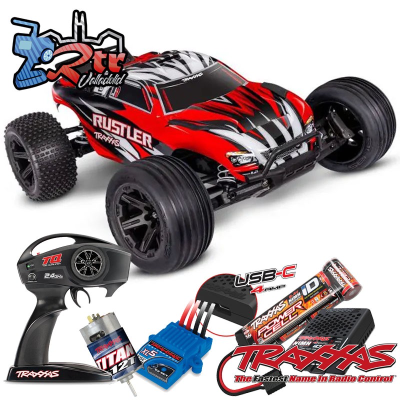 Traxxas Rustler HD Escobillas (bat+Carg) Truggy 1/10 RTR Rojo 2.4Ghz USB-C