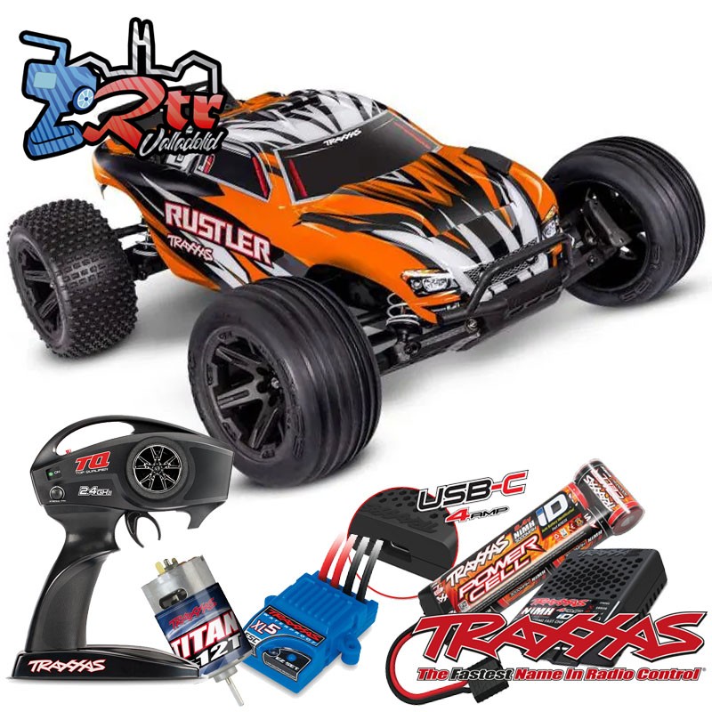 Traxxas Rustler HD Escobillas (bat+Carg) Truggy 1/10 RTR Naranja 2.4Ghz USB-C