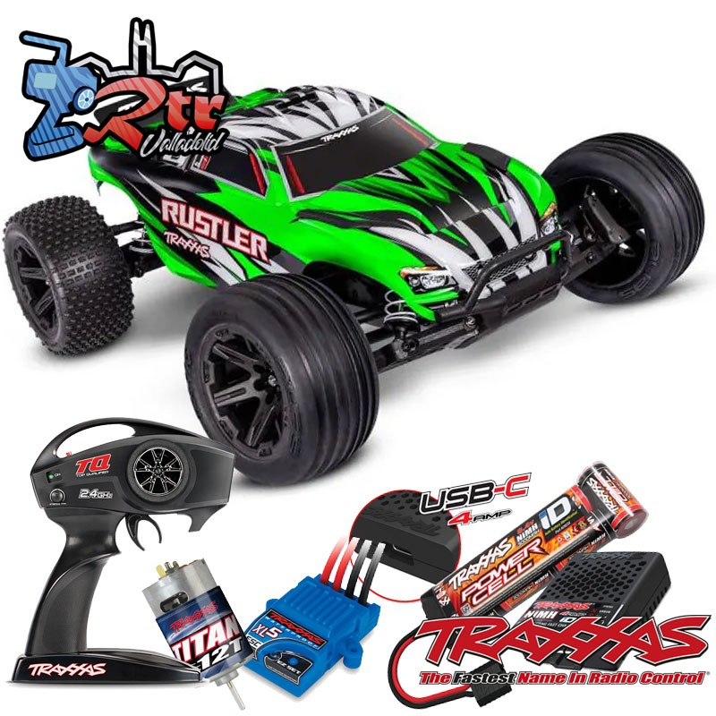 Traxxas Rustler HD Escobillas (bat+Carg) Truggy 1/10 RTR Verde 2.4Ghz USB-C