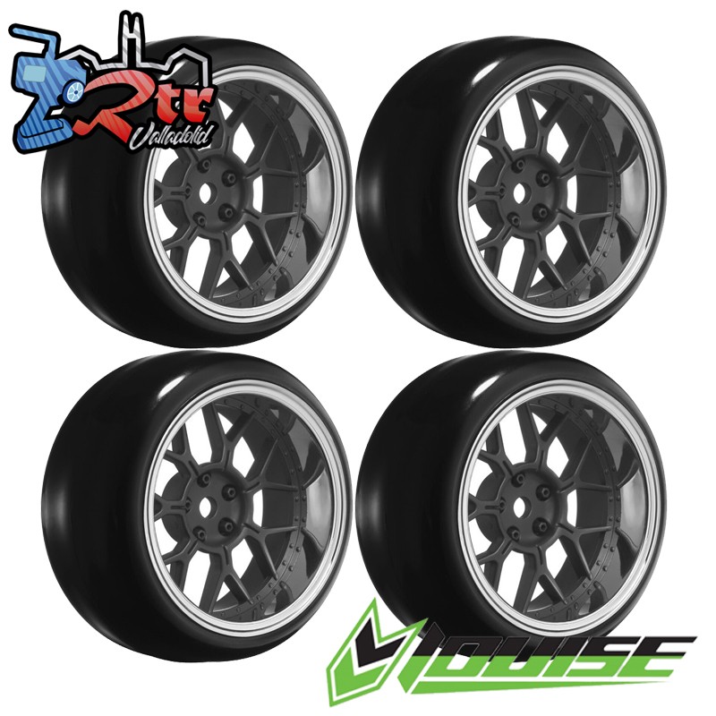 Ruedas con llanta 14 radios Drift outset ajustable 1/10 12mm 4 Unidades Negro Plata