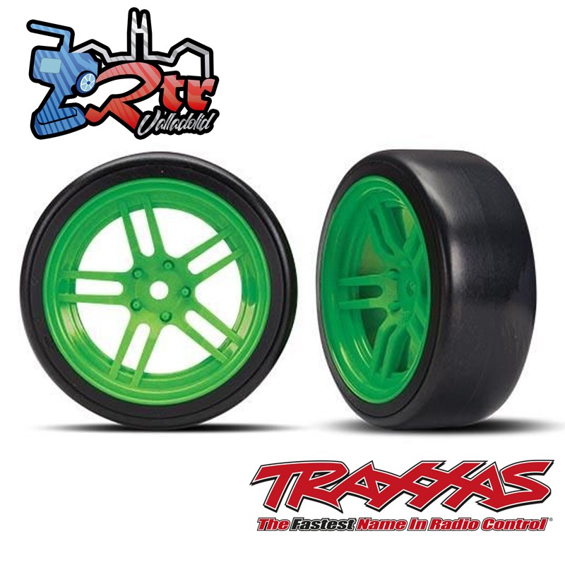 Neumáticos y rines delanteros ensamblados pegados 12mm Verdes Drift Traxxas TR8376G