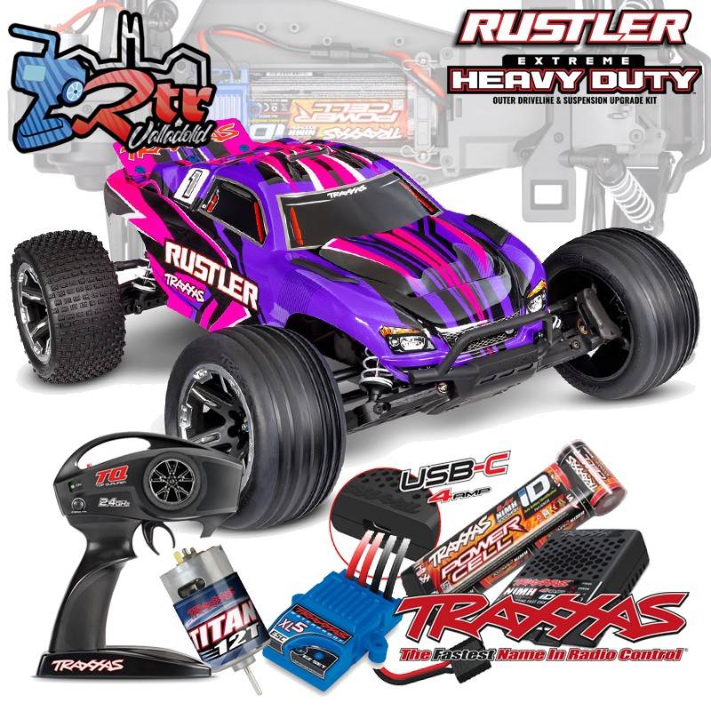 Traxxas Rustler HD Escobillas (bat+Carg) Truggy 1/10 RTR Rosa 2.4Ghz USB-C